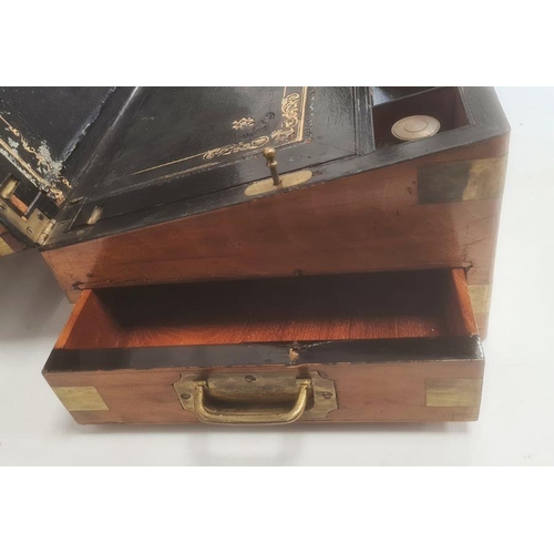 1051 - 19th century walnut and brass bound writing slope with fitted interior and drawer under