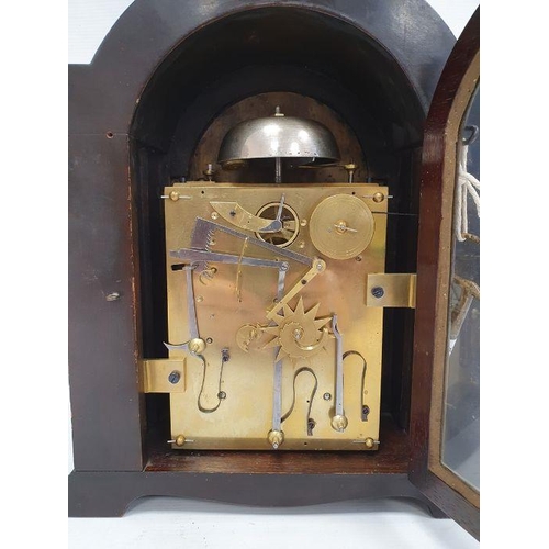 1065 - Mantel alarm clock the moulded arch top above single glazed door enclosing steel face marked 'JN Tom... 