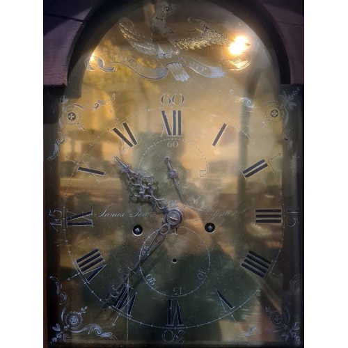 1075 - 19th century oak cased longcase clock, the brass dial marked to the arch top 'Tempus Fugit' Roman nu... 