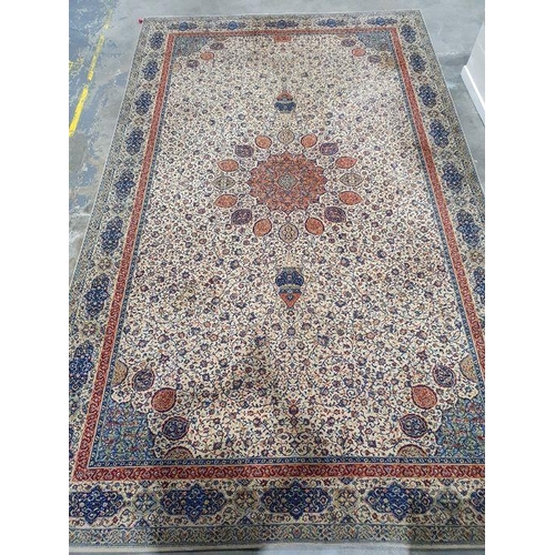 1092 - Cream ground modern rug with allover foliate decoration, stepped border, 457cm x 275cm