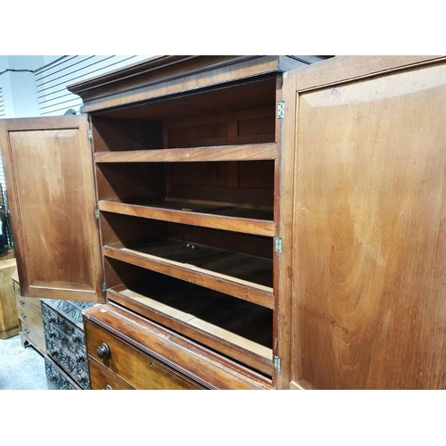 1188 - 19th century mahogany linen press, two flame mahogany doors enclosing linen press drawers, base thre... 