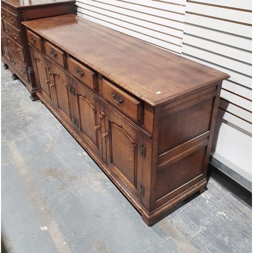 1201 - 20th century oak low dresser, rectangular top, four short drawers above cupboards, stile supports, 1... 