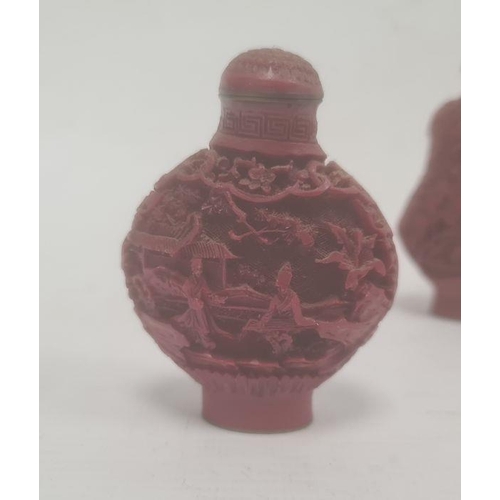 122 - Three ceramic scent bottles, two further scent bottles, a hardstone carving of birds on a branch and... 