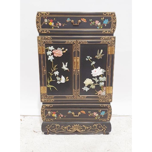 1221 - Chinese style lacquer cabinet, black ground painted decoration, single drawer above two decorated cu... 