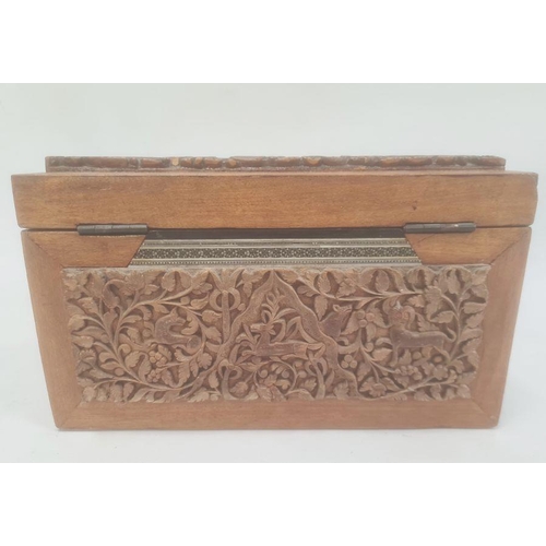 123 - Carved stationery box, the hinged cover and sides with applied carved panels, possibly Indian, depic... 