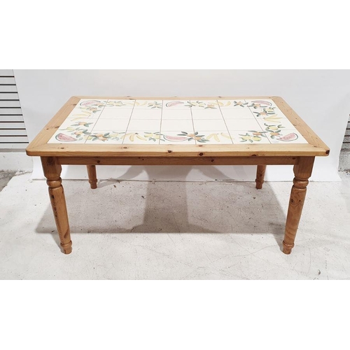 1250 - Modern pine framed tiled top breakfast table on turned supports, 159cm x 75.5cm