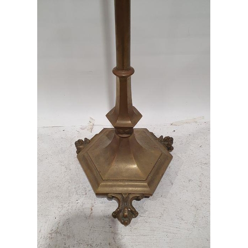 1316 - Brass standard lamp with shaped hexagonal base and paw feet