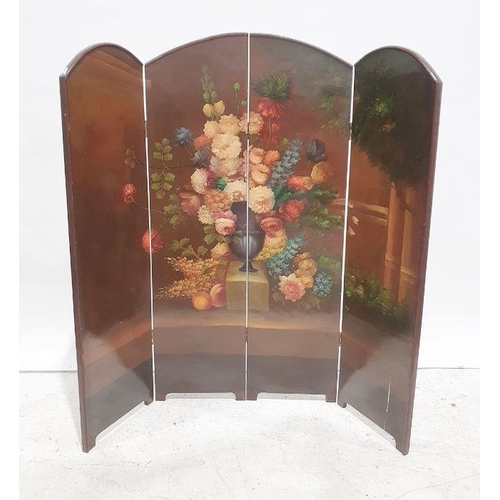 1317 - Victorian four-fold draught screen painted with still life floral study, on a brown ground