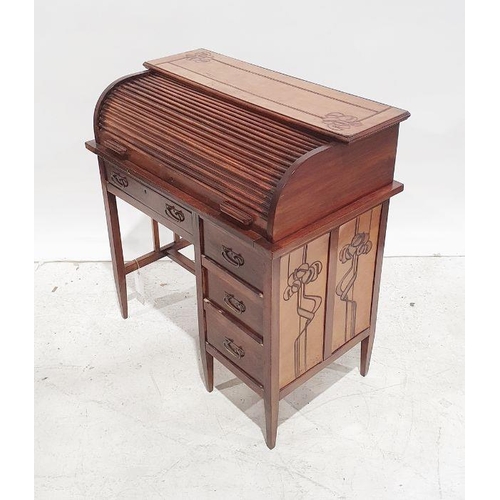 1383 - 20th century Arts & Crafts style desk, the leather top with cut decoration, roll top, leather writin... 