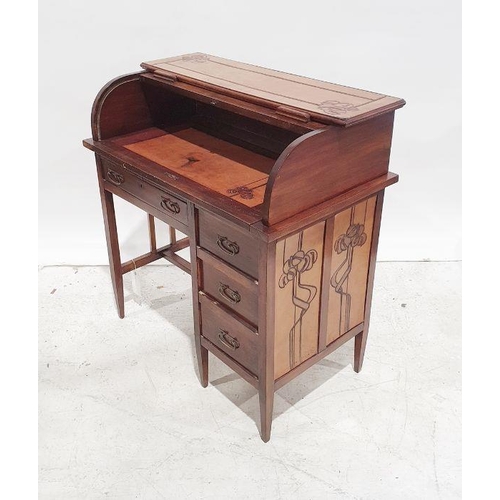 1383 - 20th century Arts & Crafts style desk, the leather top with cut decoration, roll top, leather writin... 