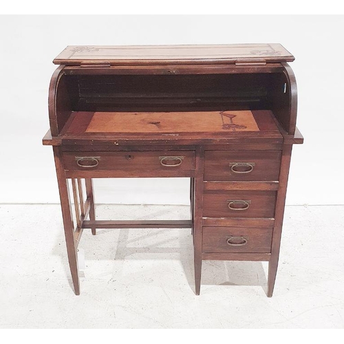 1383 - 20th century Arts & Crafts style desk, the leather top with cut decoration, roll top, leather writin... 