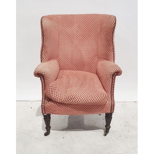 1389 - 19th century barrel back armchair in pink ground upholstery, turned and reeded front legs to brass c... 