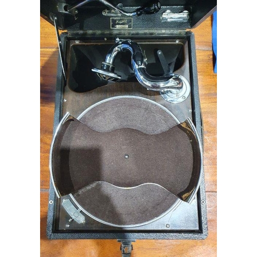 139 - HMV  black cased boxed gramophone, retailed by Harrods, No. 3965D and a quantity of records in HMV b... 