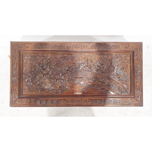 1391 - 20th century Chinese coffee table with carved rectangular top on curved end supports, 87cm x 37cm