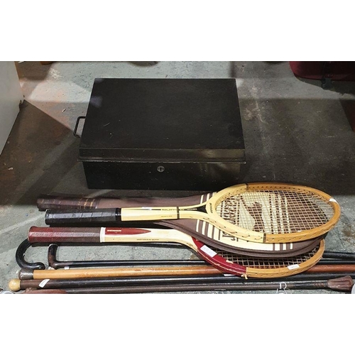 140H - Silver-topped walking cane, two Slazenger and one Dunlop racquets and other walking canes together w... 