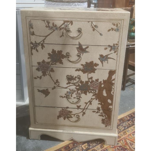 1416 - 20th century Chinese-style chest of five drawers, cream-ground decorated, with birds amongst foliage... 