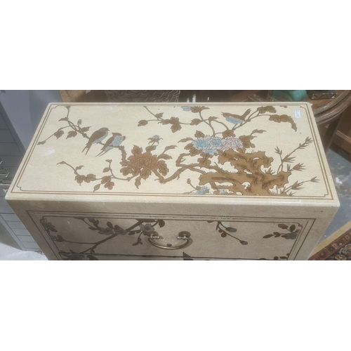 1416 - 20th century Chinese-style chest of five drawers, cream-ground decorated, with birds amongst foliage... 