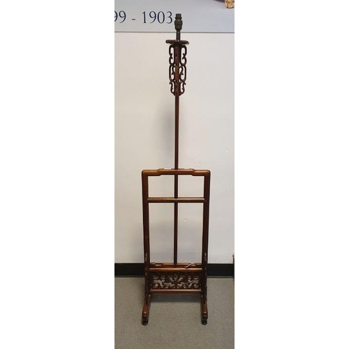 1419 - Carved Chinese rosewood standard lamp with fretwork panels, adjustable height 160cm high to 194cm hi... 