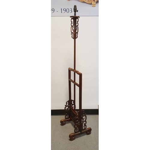 1419 - Carved Chinese rosewood standard lamp with fretwork panels, adjustable height 160cm high to 194cm hi... 