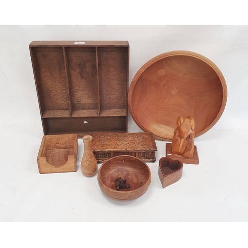 159 - A carved wooden king fisher by Faust Lang, a turned wooden bowl, a wooden box, etc