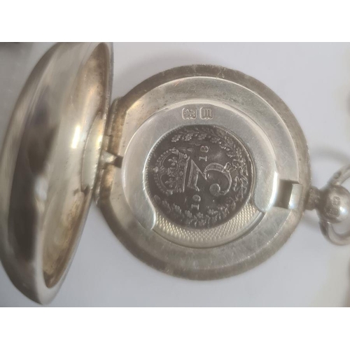 160A - A silver sovereign case, six pence's, two shillings, a gilt coloured pocket watch and other silver c... 