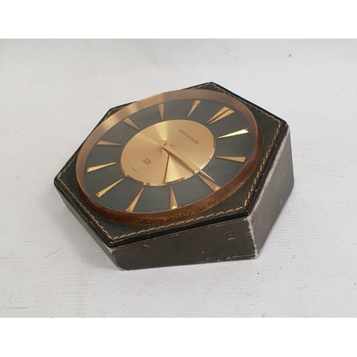 221 - Jaeger-Le-Coultre green leather desk clock with circular face, 14cm wide