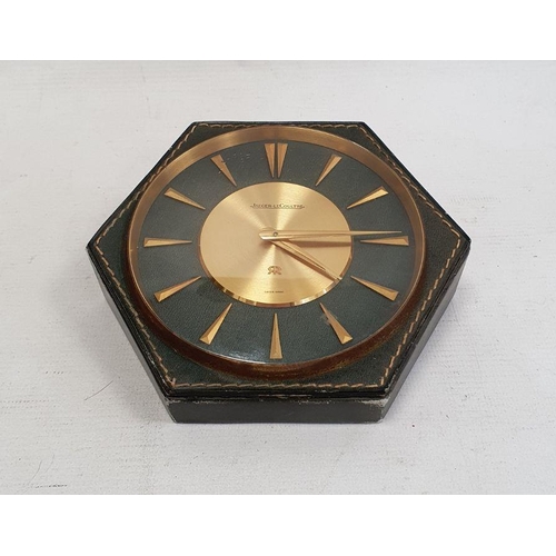 221 - Jaeger-Le-Coultre green leather desk clock with circular face, 14cm wide