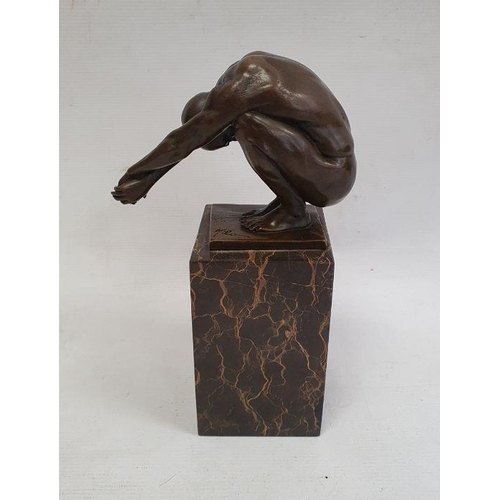 222 - After Milo, bronze figure of a diver, marked to base, on rectangular plinth base, 23cm high