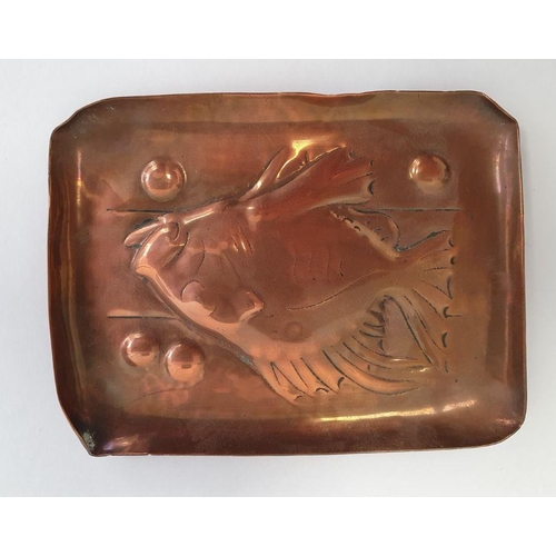 228 - Newlyn miniature rectangular copper tray with repousse decoration of a fish and bubbles, marked 'New... 