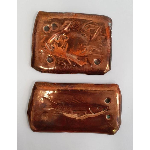 228 - Newlyn miniature rectangular copper tray with repousse decoration of a fish and bubbles, marked 'New... 