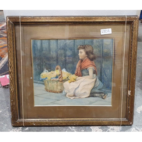 290a - British school, 
 Watercolour
 Girl with basket of flowers 23 x 27 cm (torn gallery label verso)