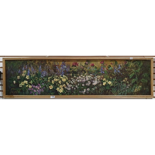 294 - S Anqus 
 Oil on board
 Wild flowers, signed lower left, 30cm x 121cm 
 Downey(?) 
 Oil on canvas
 M... 