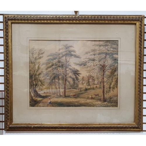 296 - 19th century English school
 Pair of watercolours 
 Country house with cattle and figures, unsigned,... 