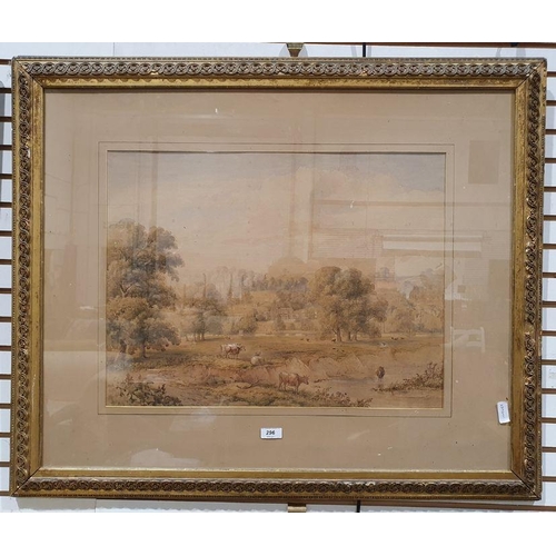 296 - 19th century English school
 Pair of watercolours 
 Country house with cattle and figures, unsigned,... 