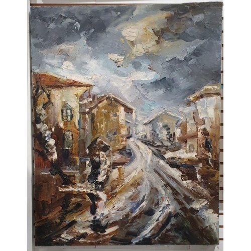 299 - Meluta Sarbu (20th century school)
 Oil on canvas 
 Street scene with figures under an umbrella, uns... 