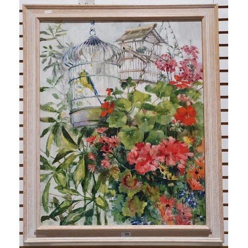 304 - 20th century school
 Oil on board
 Birdcages amongst flowers, initialled indistinctly lower left 'JL... 