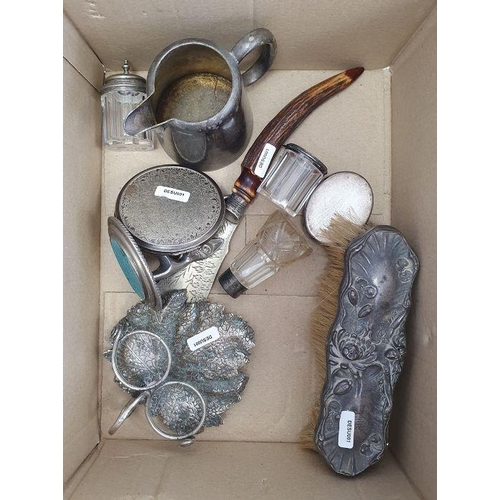 334 - Quantity plated flatware, picture frame, two pots, ladle, dressing table sets, a small quantity of p... 