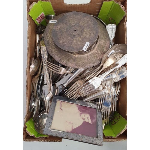 334 - Quantity plated flatware, picture frame, two pots, ladle, dressing table sets, a small quantity of p... 