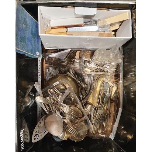 335 - A quantity of silver plate to include cased flatware, two-handled tray, stainless steel knives, teap... 