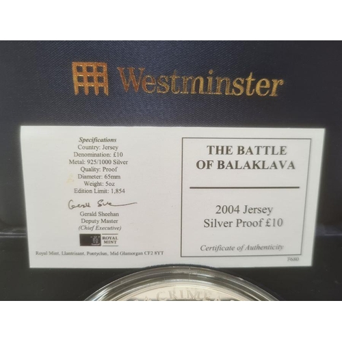 355 - The Battle of Balaclava 2004 Jersey silver proof £10 coin with certificate of authenticity, in fitte... 