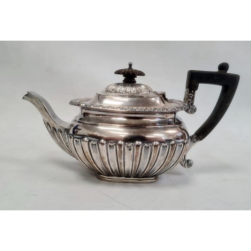 379 - A Victorian silver teapot, ebony handle and finial, semi gadrooned, initialled 'R' , Edinburgh 1883,... 