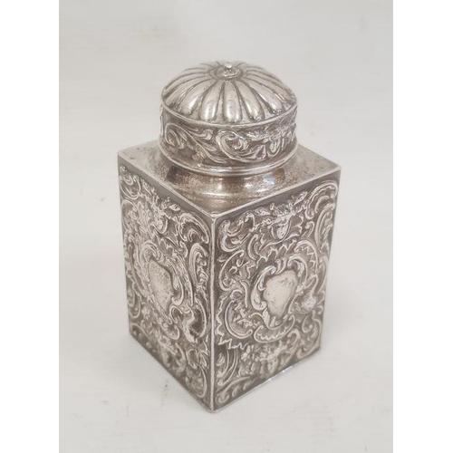 394 - Victorian silver tea caddy, circular lid, rectangular canister, all-over repousse scroll and mask de... 