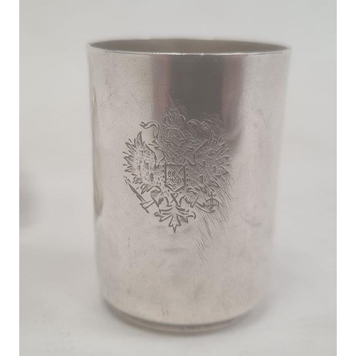 398 - Pair of mid to late 19th century Russian silver shot glasses with relief crest and engraved detail, ... 