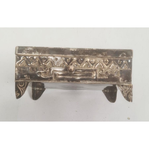 400 - Silver-mounted rectangular trinket box decorated with cat and animals in aztec-style design, marked ... 