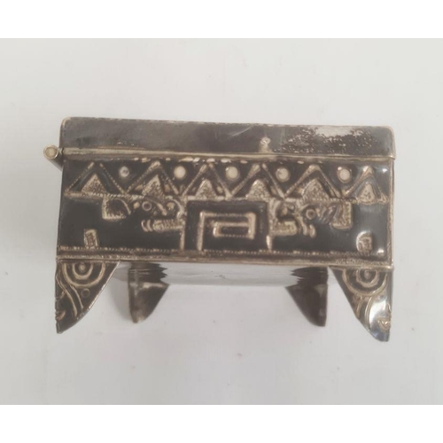 400 - Silver-mounted rectangular trinket box decorated with cat and animals in aztec-style design, marked ... 