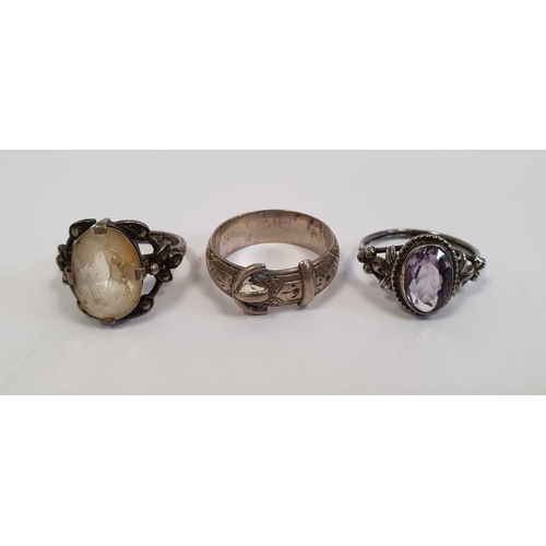 419 - Silver bangle initialled, silver amethyst ring, silver brooch and other silver and coloured jeweller... 