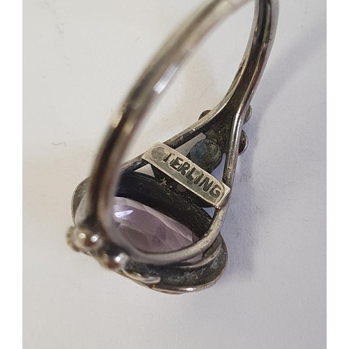 419 - Silver bangle initialled, silver amethyst ring, silver brooch and other silver and coloured jeweller... 