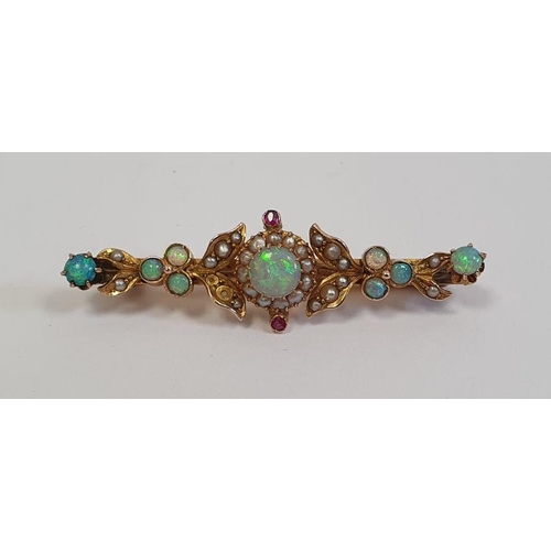 457 - Gold seed pearl and opal set bar brooch leaf decorated, (unmarked), 4.5g in total approx.