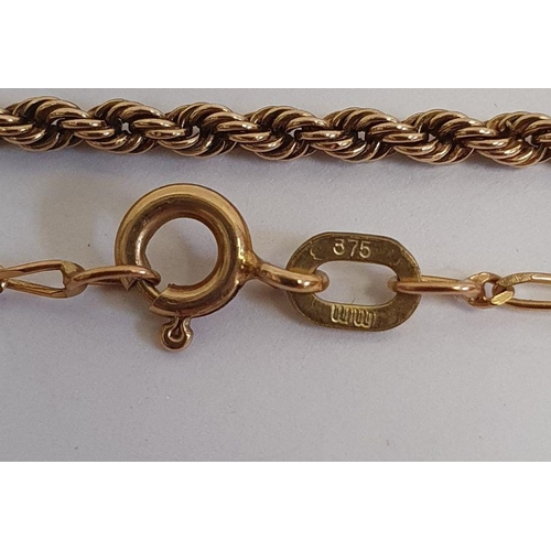 467 - 9ct gold fine rope chain, fine 9ct gold chain (damaged) and another a gilt metal heart-shaped locket... 