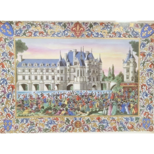 47 - Porcelain plaque depicting Chenonceau Chateau on the Loire, with figures beneath within an elaborate... 